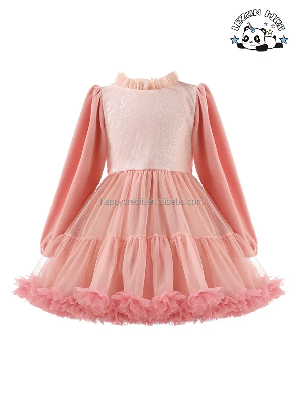 LEZONKIDS - Vestido de menina personalizado com top de renda puffy e lantejoulas brilhantes com manga longa para uso diário para 4 anos